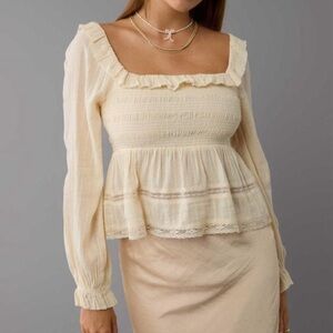 American Eagle Long Sleeve Smocked Eyelet Prairie Cottage Blouse Top Cream Med